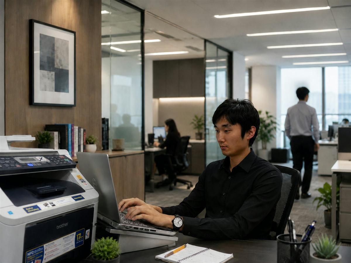 Profissional trabalhando em escritório moderno ao lado de uma multifuncional